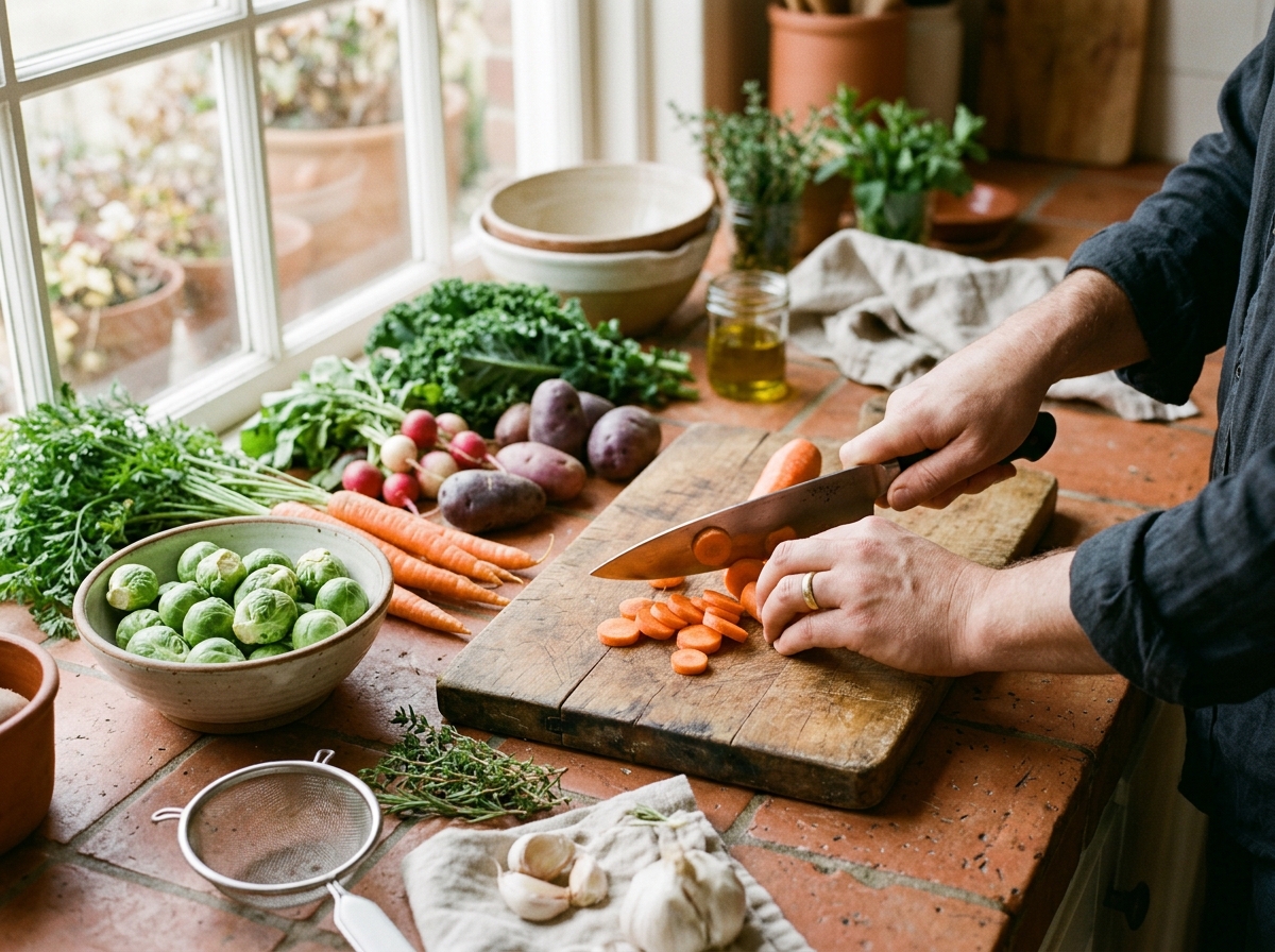 Mains préparant des légumes de saison sur un plan de travail chaleureux