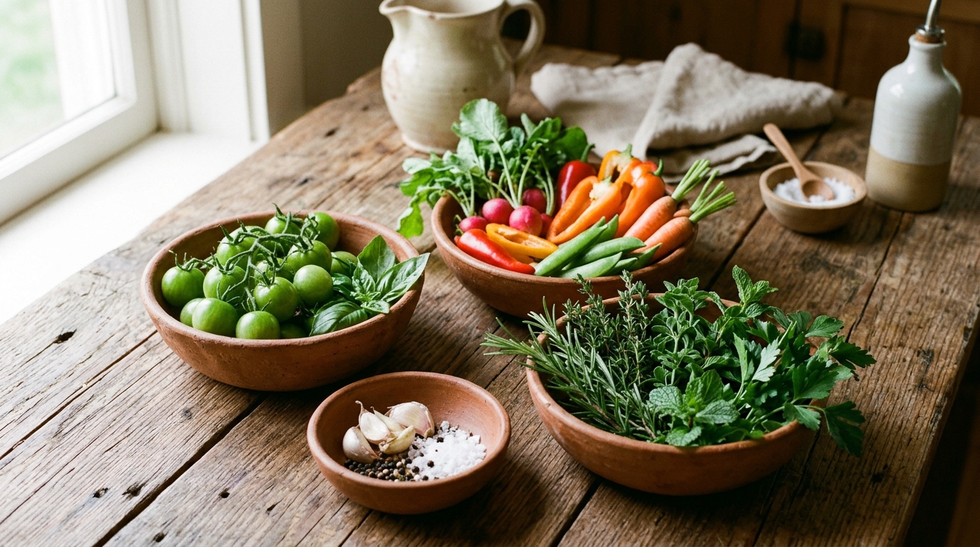 Bols d'herbes fraîches et légumes de saison sur une table rustique