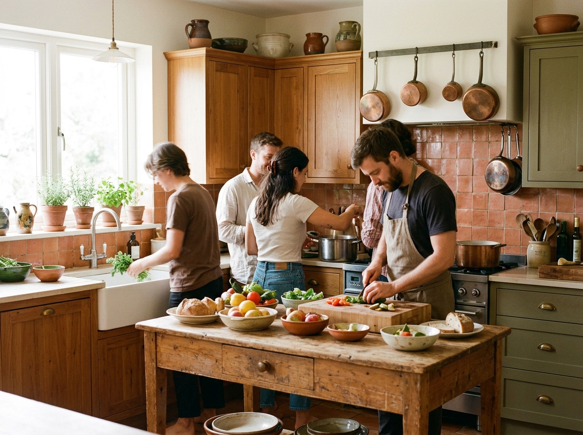 Petit groupe cuisinant ensemble dans une cuisine lumineuse