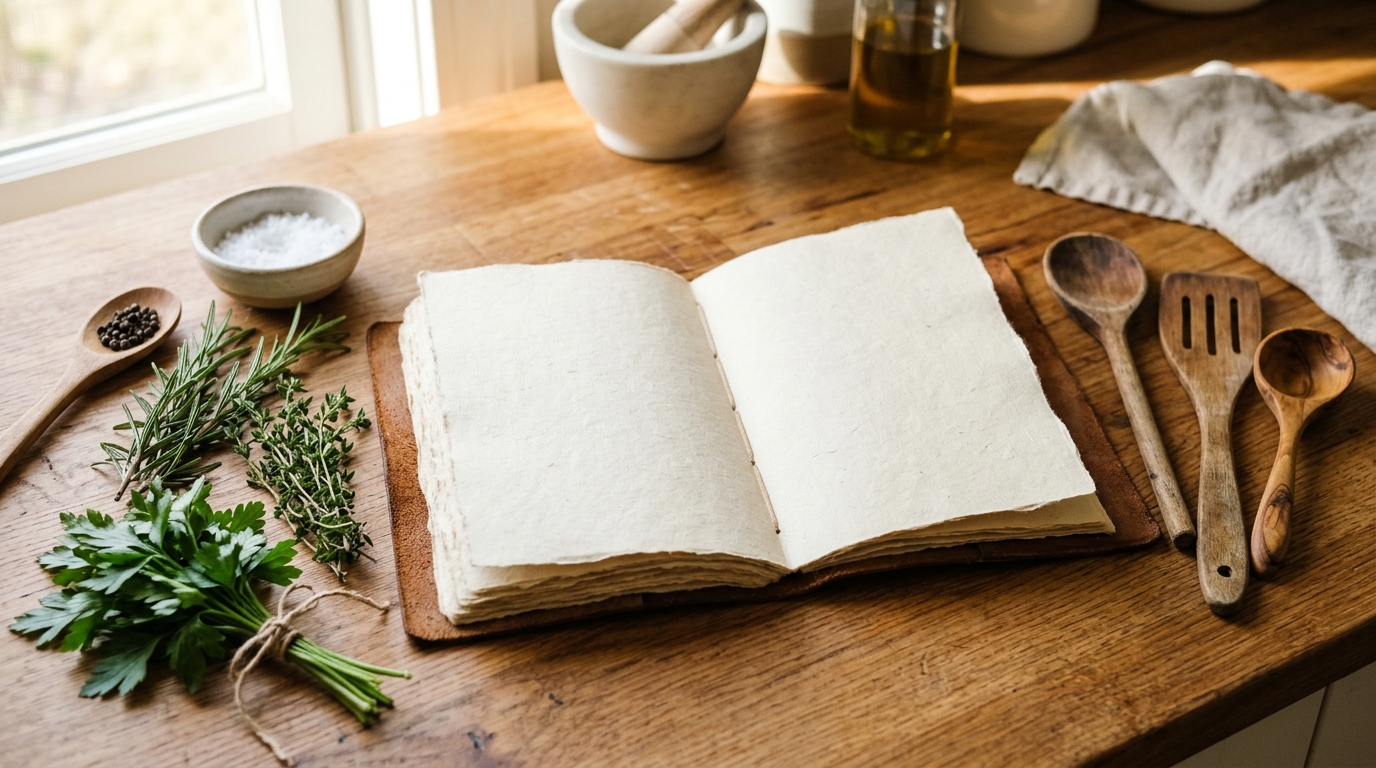 Carnet de recettes ouvert à côté d'ustensiles en bois et d'herbes fraîches
